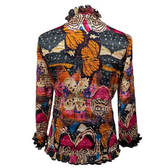 Alberto Makali Womens Size L Crinkle Abstract Butterflies Ruffle Open Front Top - Picture 4 of 9